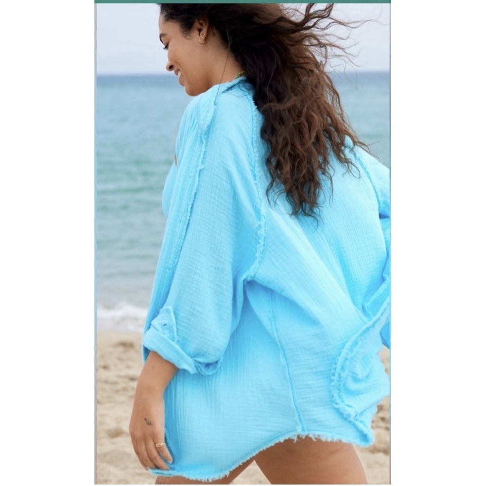 Aerie Pool To Party Shirt Gauze Small Blue Coastal Beach Vacation Boho Summer - Picture 2 of 9